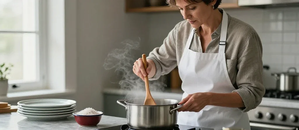 Cocinera profesional aplicando un truco de cocina con una cuchara sobre una olla para evitar desbordamientos.