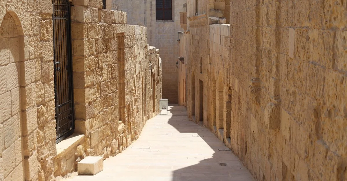 Découvrez une allée en pierre ancienne baignée de lumière du soleil, bordée de bâtiments historiques, exhalant un charme architectural intemporel.