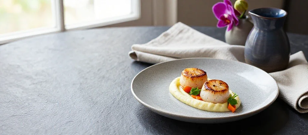 Plato de alta cocina con vieiras y accesorios elegantes para ilustrar noticias gastronómicas recientes.